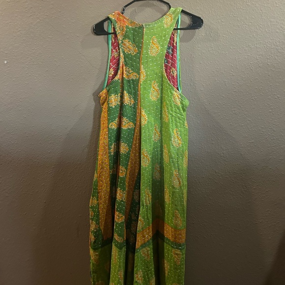 Green Sleeveless Maxi Dress with Floral Accents. Upscale with Kantha material - Picture 3 of 3